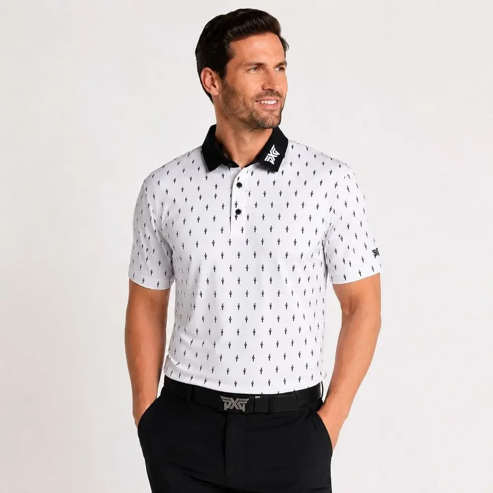 PXG Cactus Print Golf Polo Mens Medium White Black Performance UPF 50+